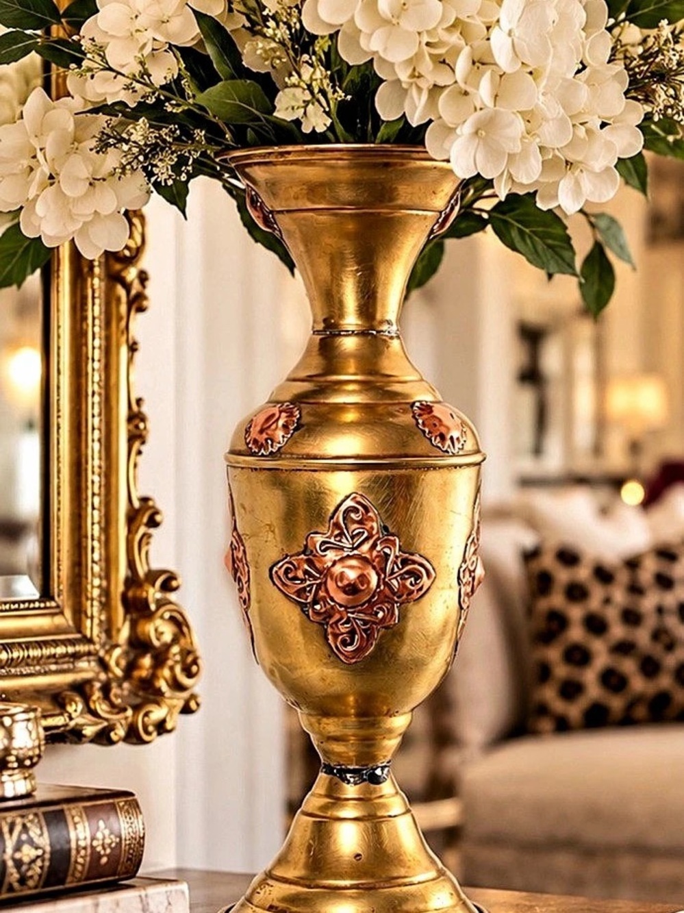 Vintage Brass Vase Copper Floral AppliquΓ© 11.5β Ornate Hollywood Regency Decor
